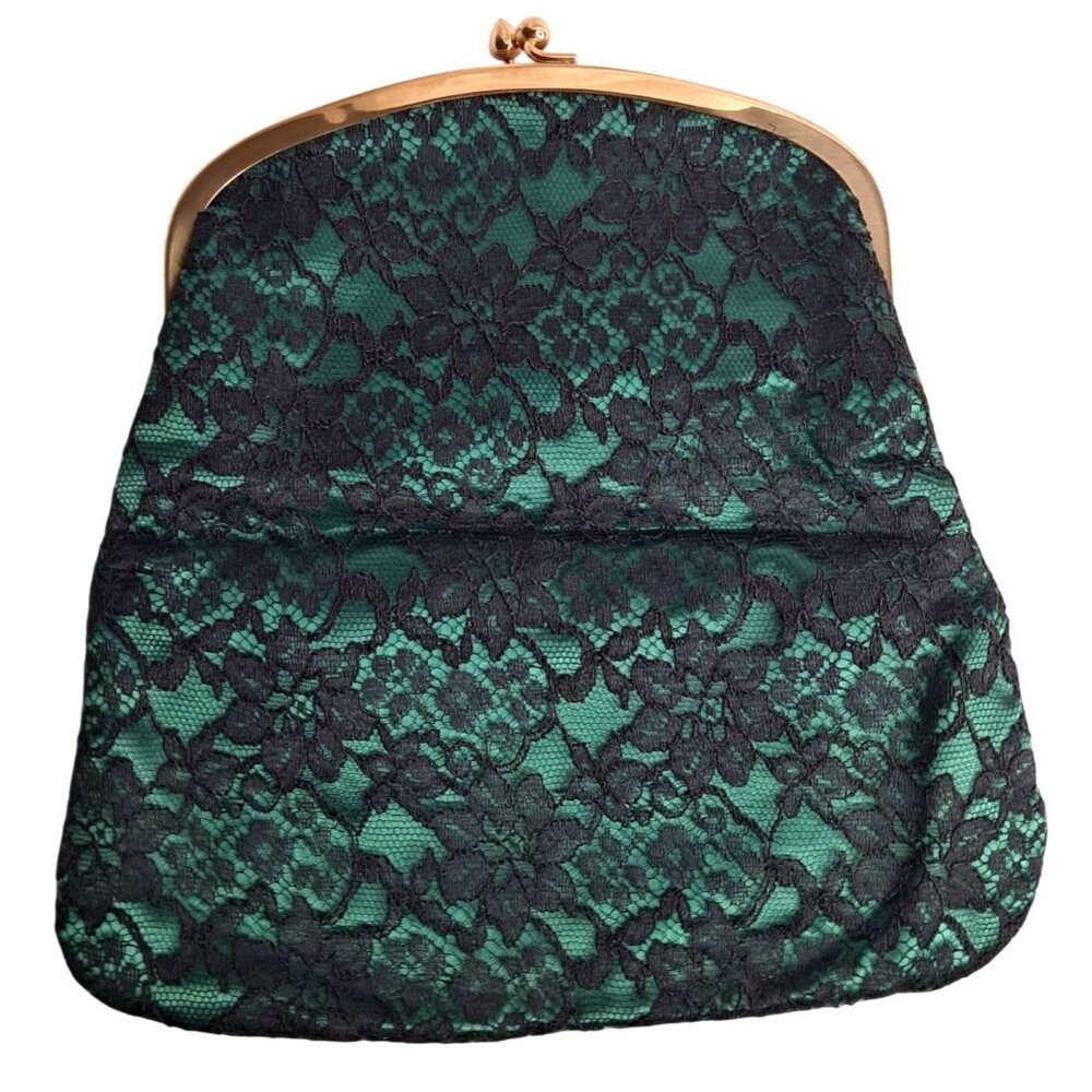 Vintage Mel-Ton Lace Evening Clutch With Gold-Tone Frame & Snap Closure Black Fl
